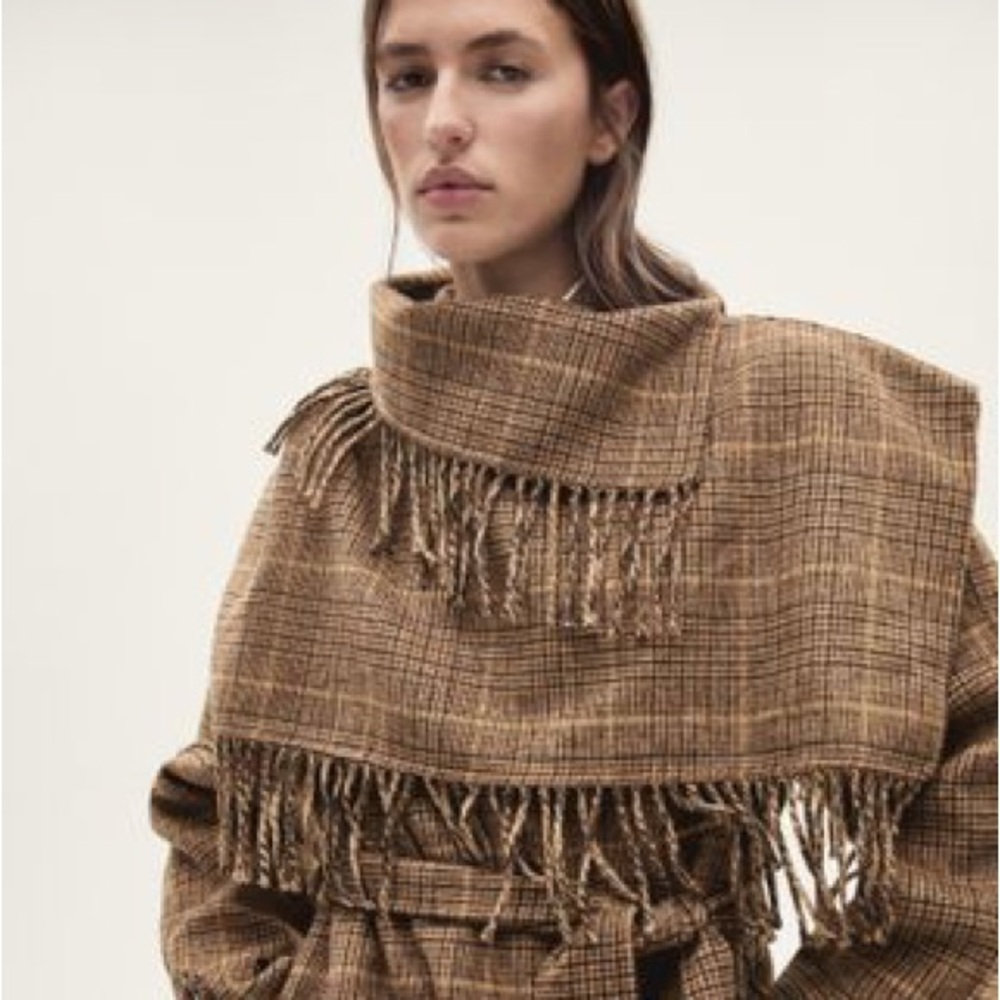 Mango Wool-Blend Micro-Houndstooth Coat with removal scarf